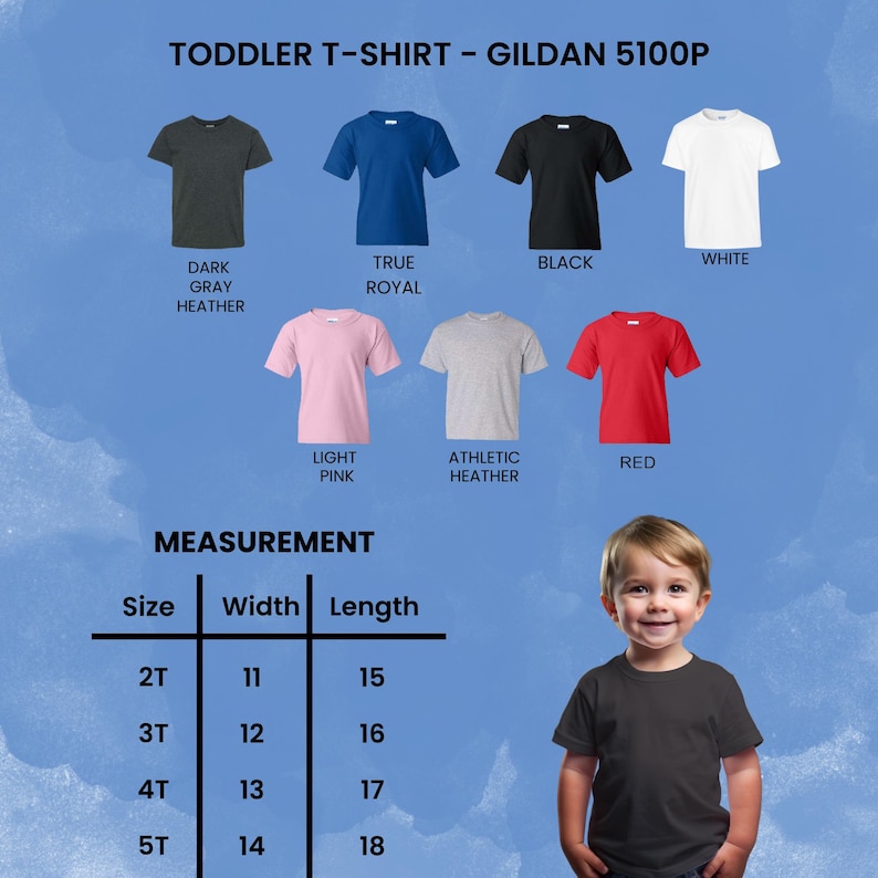 Puede incluir: Una selecci&oacute;n de camisetas para ni&ntilde;os peque&ntilde;os en varios colores, incluyendo gris oscuro, azul real, negro, blanco, rosa claro, gris deportivo y rojo. La imagen tambi&eacute;n incluye una tabla de tallas con medidas en cent&iacute;metros para ancho y largo.