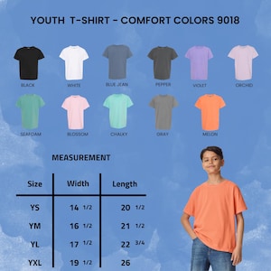May include: A display of youth t-shirts in various colors, including black, white, blue jean, pepper, violet, orchid, seafoam, blossom, chalky, gray, and melon. The image also includes a size chart with measurements in inches for width and length.