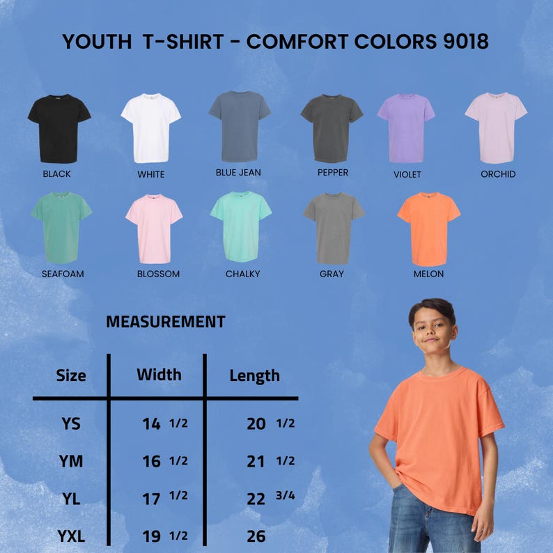 May include: A display of youth t-shirts in various colors, including black, white, blue jean, pepper, violet, orchid, seafoam, blossom, chalky, gray, and melon. The image also includes a size chart with measurements in inches for width and length.