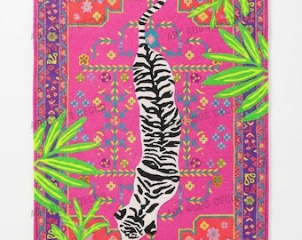 Hand Tufted Wool Zebra Jungle Rug in Hot Pink Neon Green Violet Tropical Leaf Artwork Bohemian Floral Border for Living Room Custom Size Rug