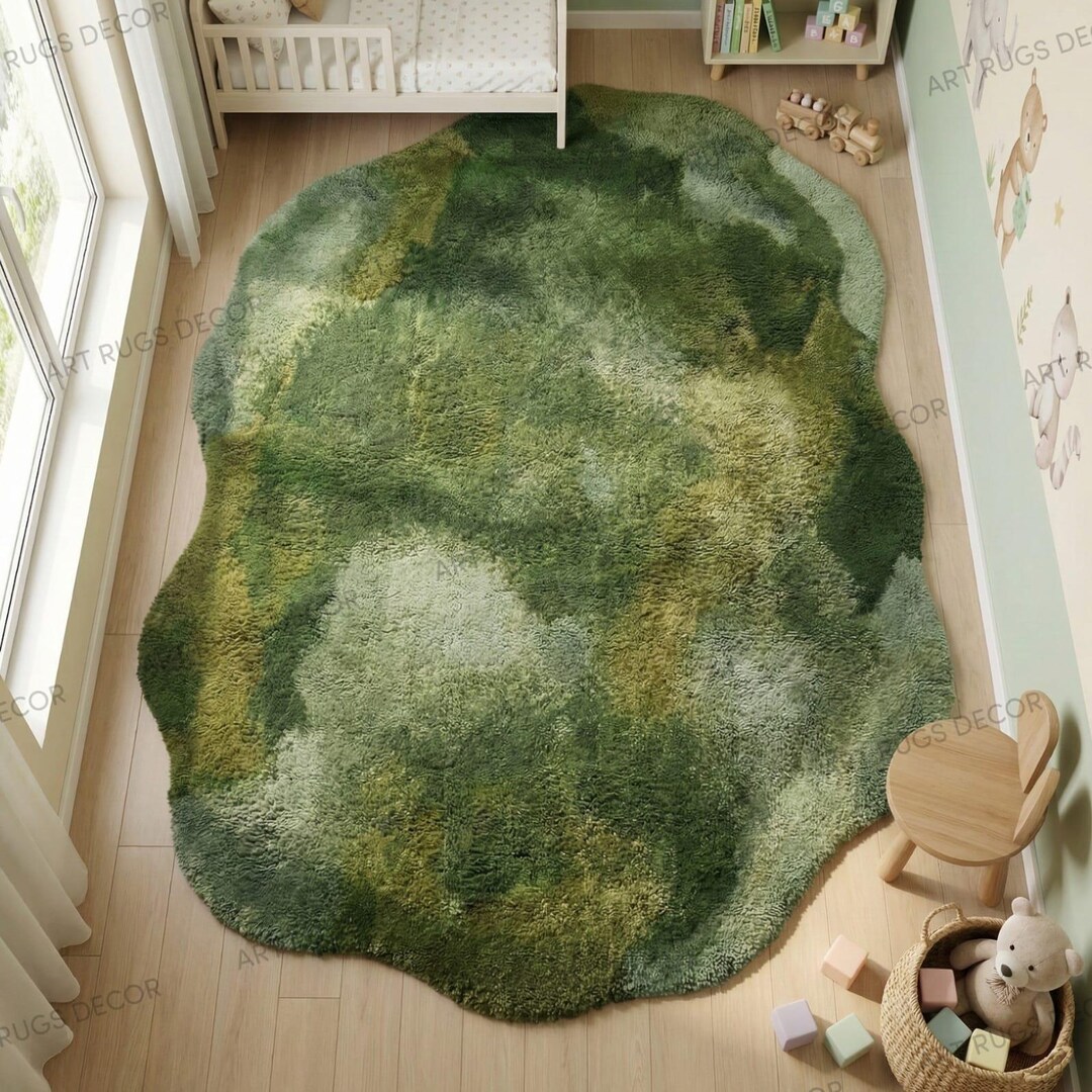 Hand Tufted Organic Shape Green Wool Rug in Moss Sage Olive and Forest ...