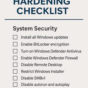 May include: A checklist titled "WINDOWS HARDENING CHECKLIST" in navy blue text. The checklist includes items like installing Windows updates, enabling BitLocker encryption, and disabling Remote Desktop. The checklist is for system security and workstations.