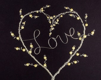 Heart Wedding Cake Topper Topiary Pearl Beaded Wire Topiary Art Sculpture Simple Classic Heart Wedding Love Wire Word Topiary