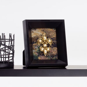 Fleur De Lis Framed Brooch on Tapestry in Black Frame Modern Vintage Home Decor Framed Jewelry Art