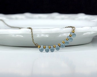 Layering Necklace Bar Pendant Necklace Antique Brass Chain Blue Glass Teardrop Beaded Necklace