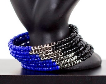 Color Block Wrap Bracelet Beaded Bracelet Memory Wire Bracelet Black and Blue Bracelet Bracelet Stack