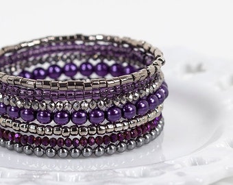 Wrap Bracelet Beaded Bracelet Memory Wire Bracelet Purple Silver Gray Festival Bracelet Boho Bracelet Bright Colors Bracelet Stack
