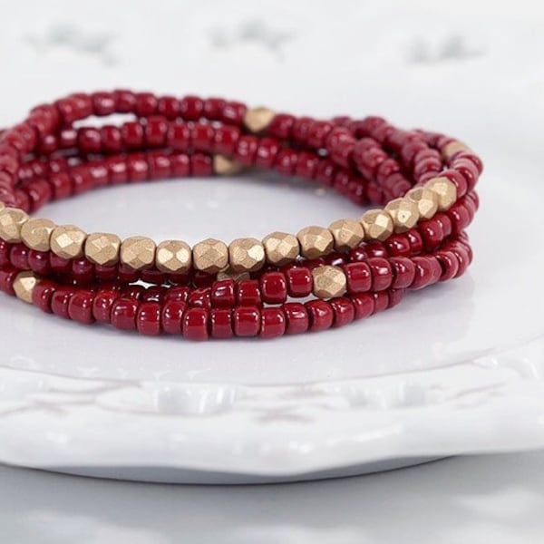 Long Beaded Necklace in Oxblood and Gold Wrap Bracelet