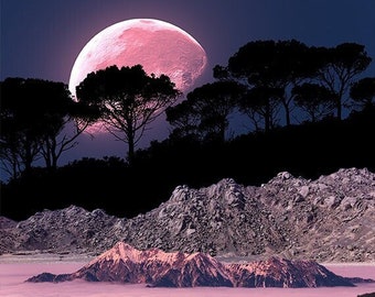 Landscape Collage Artwork PInk Moon Mountains Digital Art Surrealist Art Print Surreal Art Digital Collage Art Home Decor Wall Hanging