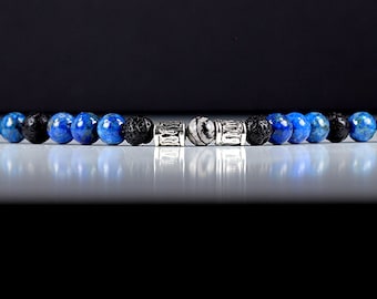 Mens Bracelet Lapis Lazuli Lava Rock and Silk Stone with Stainless Steel Toggle Clasp