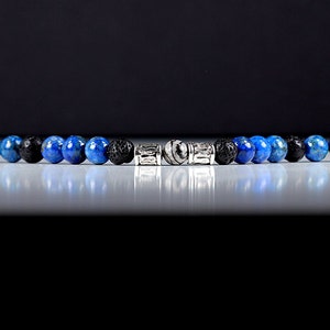 Mens Bracelet Lapis Lazuli Lava Rock and Silk Stone with Stainless Steel Toggle Clasp