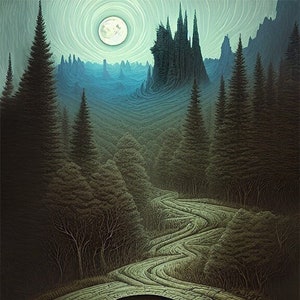 Lost Digital Art Prints Path Trees Forest Moon Landscape Artwork Home Decor
