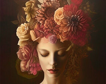 Flora and Fauna Surreal Portraits Digital Art Prints Beauty Portrait Artwork Flowers Antlers Home Decor