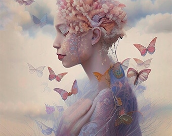 Flutter Metamorphosis Surreal Portraits Digital Art Print Butterfly Artwork Beauty Portrait Butterflies Home Decor