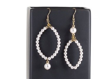 Mismatched Earrings Swarovski Pearl Earrings White Pearl Marquis Hoop Earrings