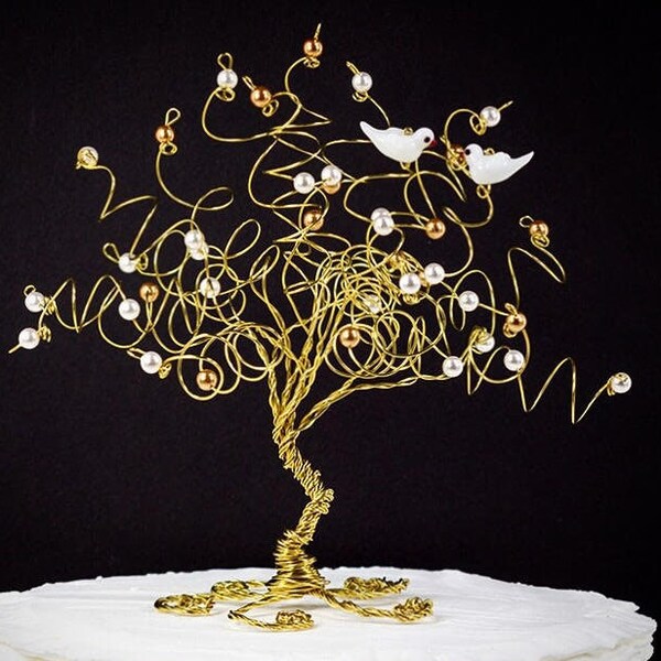 Wedding Cake Topper Love Birds Custom Wire Tree Sculpture with Two Birds or Owls