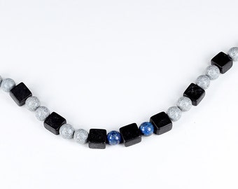 Mens Bracelet Gray Feldspar Lapiz Lazuli and Black Stone with Stainless Steel Toggle Clasp