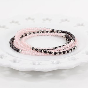 Long Beaded Necklace in Pink Black ansd Silver Glass Beads Three Way Necklace or Wrap Bracelet image 1