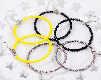 Large Beaded Hoop Earrings Black Silver Yellow Fashion Jewelry