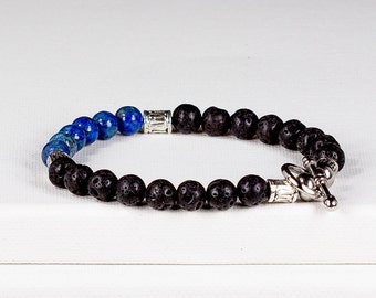 Mens Bracelet Lava Rock and Lapis Lazuli with Stainless Steel Toggle Clasp