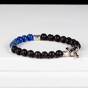 Mens Bracelet Lava Rock and Lapis Lazuli with Stainless Steel Toggle Clasp