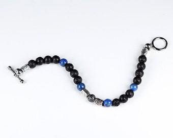 Mens Bracelet Lava Rock Lapis Lazuli and Silk Stone with Stainless Steel Toggle Clasp