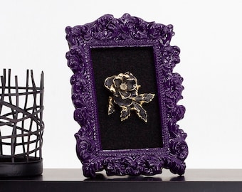 Gothic Decor Framed Flower Brooch in Purple Frame Modern Vintage Home Decor Gothic Gift Framed Jewelry Art