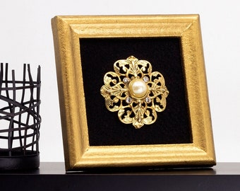 Framed Brooch in Gold Wood Frame Modern Vintage Home Decor Framed Jewelry Art