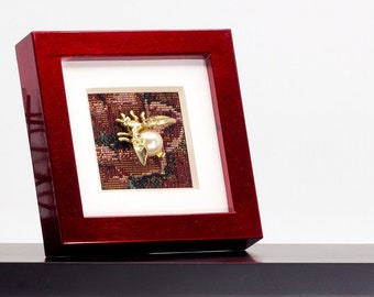 Framed Bee Brooch on Tapestry in Red Metallic Frame Modern Vintage Jewelry Art