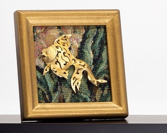 Framed Fish Brooch in Gold Wood Frame Modern Vintage Home Decor Framed Jewelry Art