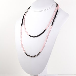 Long Beaded Necklace in Pink Black ansd Silver Glass Beads Three Way Necklace or Wrap Bracelet image 4