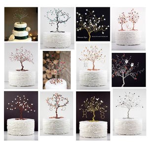 May include: A collection of 10 wire tree cake toppers featuring various colours and designs. The trees are crafted from wire and adorned with beads, crystals, and other embellishments. The toppers are showcased on white cakes with ruffled edges.