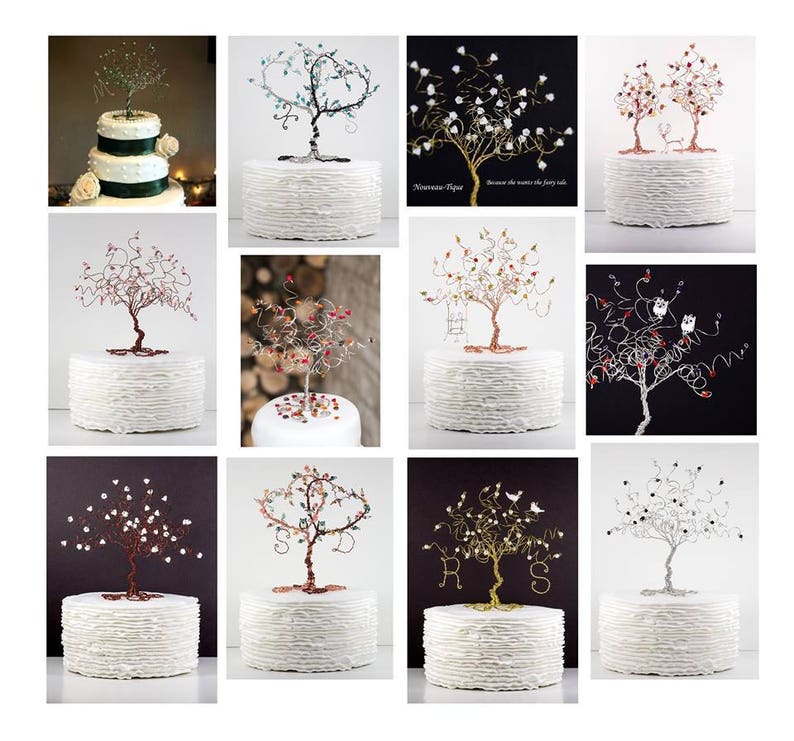 May include: A collection of 10 wire tree cake toppers featuring various colours and designs. The trees are crafted from wire and adorned with beads, crystals, and other embellishments. The toppers are showcased on white cakes with ruffled edges.