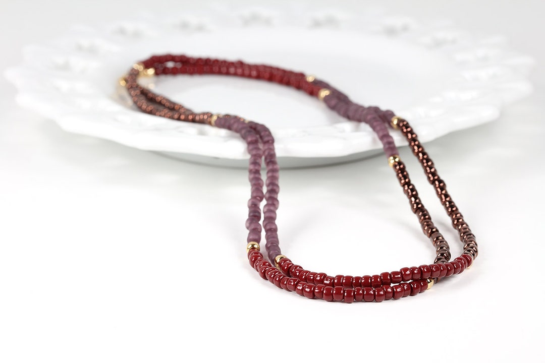 Long Beaded Necklace in Oxblood Purple Bronze and Gold Beads - Etsy