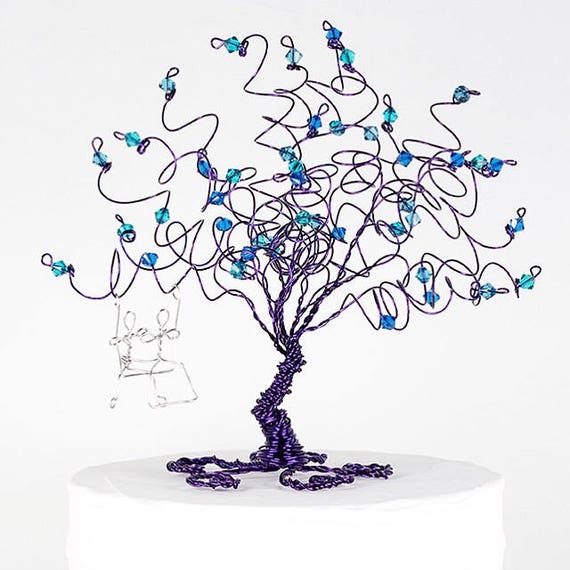 Wedding Cake Topper Wire Tree Sculpture with Couple on a Swing Purple Peacock Ultra Violet Wedding