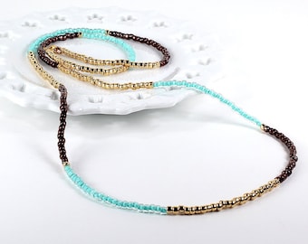 Long Beaded Necklace Mint Gold Bronze Color Block Wrap Bracelet