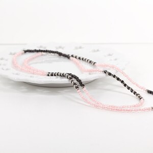 Long Beaded Necklace in Pink Black ansd Silver Glass Beads Three Way Necklace or Wrap Bracelet image 3