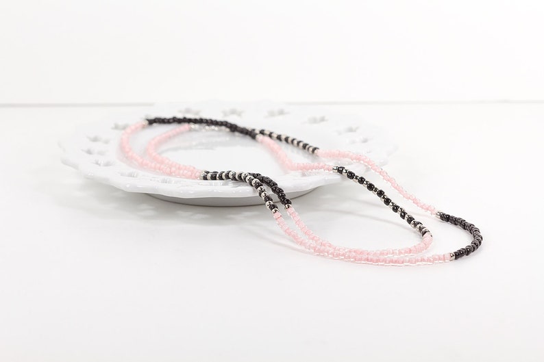 Long Beaded Necklace in Pink Black ansd Silver Glass Beads Three Way Necklace or Wrap Bracelet image 3