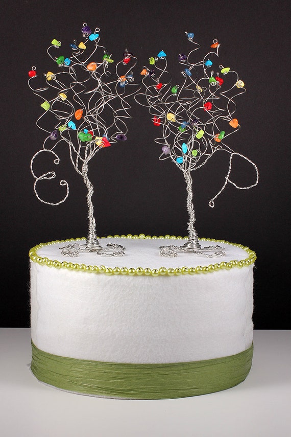 Rainbow Wedding Cake Topper Set Of Two Trees With Initials Etsy