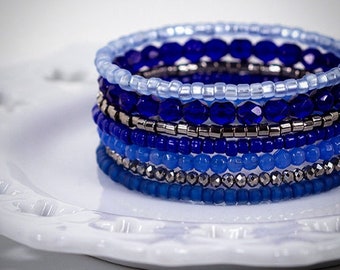 Blue Beaded Wrap Bracelet Boho Wrap Bracelet Memory Wire Bracelet Beaded Boho Festival Bracelet Stack