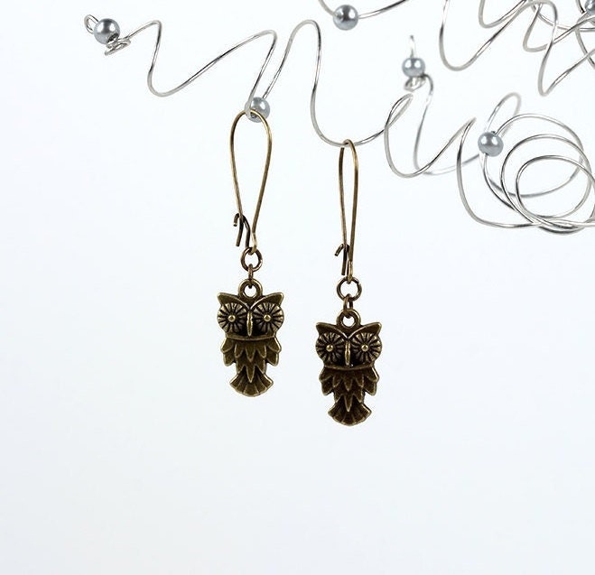 Owl Earrings Antique Brass Drops