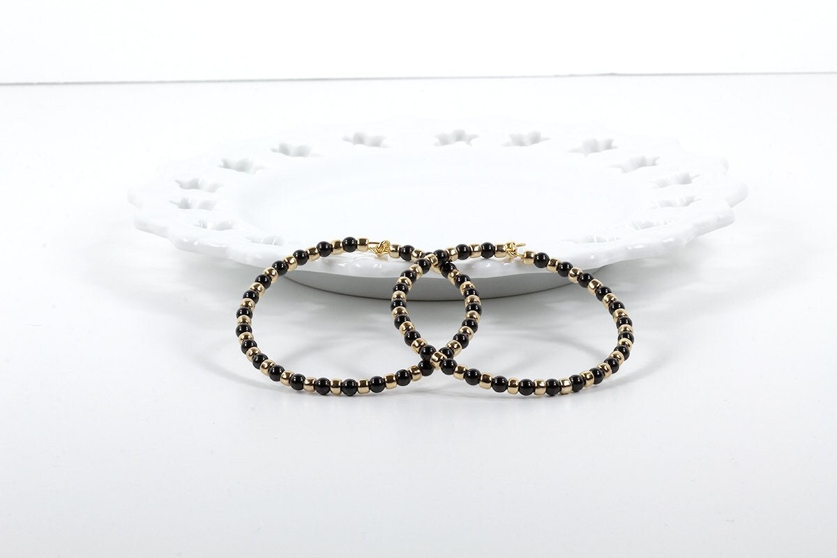 リクエスト　ハンドメイド Large Hoop Earrings Black Swarovski Pearls and Gold Glass Beads - Etsy