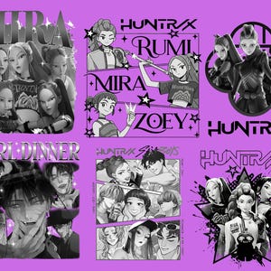 May include: A selection of monochrome graphic designs on a purple backdrop. The designs feature anime-style character illustrations, text reading "MIRA", "GIRL DINNER", and "HUNTRAX", and other text.