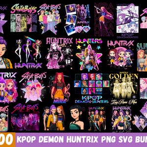 May include: A collection of digital art featuring K-pop-themed illustrations. The designs include stylized portraits, group images, and text elements like "HUNTRIX," "SAJA BOYS," and "MIRA." The color palette is vibrant, with pinks, purples, and yellows.
