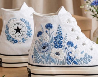 Custom Embroidered Blue Garden Converse Sneakers For Women