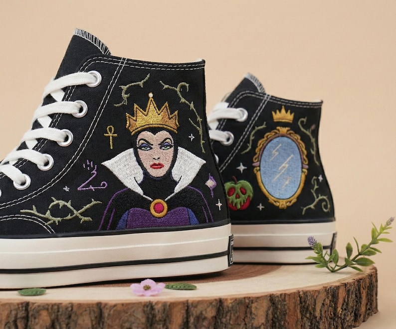 Custom Embroidered The Evil Queen Converse High Tops 1970s Sneakers, Disney Converse Gift, Vintage Villain Inspired Shoes image 3