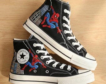 Custom Converse, Spiderman Embroidered Converse High Tops, Superhero Shoes, Gift for Men