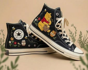 Custom Embroidered Winnie the Pooh Converse High Tops 1970s Sneakers, Funny Gifts, Vintage Storybook Shoes