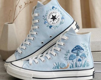 Custom Embroidered Converse High Tops, Blue Mushroom Sneakers, Fantasy Nature Embroidery Shoes