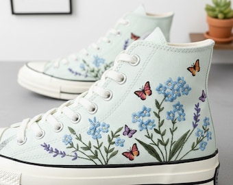 Custom Embroidered Converse High Tops, Wildflower & Butterfly Floral Converse, Personalized Light Blue Sneakers